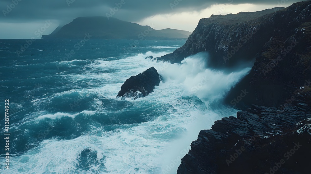 Powerful waves crashing against a rugged coastline Powerful waves crashing against a rugged coastline