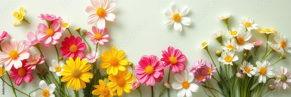 Beautiful vibrant spring flowers in full bloom arranged on a soft, textured paper background, spring, background, fresh Beautiful vibrant spring flowers in full bloom arranged on a soft, textured paper background, spring, background, fresh