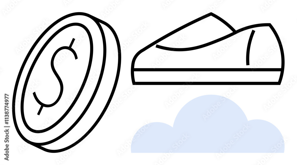 Coin with dollar sign, shoe, and cloud. Ideal for finance, travel, dreams, aspirations, simplicity, modern design, and conceptual art. Line metaphor Coin with dollar sign, shoe, and cloud. Ideal for finance, travel, dreams, aspirations, simplicity, modern design, and conceptual art. Line metaphor