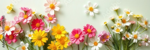 Beautiful vibrant spring flowers in full bloom arranged on a soft, textured paper background, spring, background, fresh