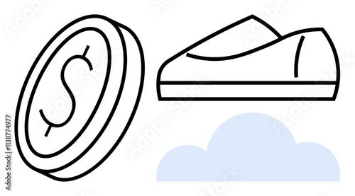 Coin with dollar sign, shoe, and cloud. Ideal for finance, travel, dreams, aspirations, simplicity, modern design, and conceptual art. Line metaphor