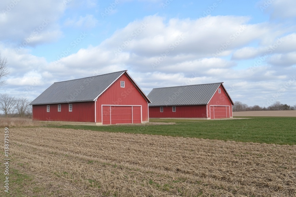 Charming Crimson Barns with Shiny Metal Roofs Nestled in Lush Indiana Countryside Beneath a Cloudy Azure Sky Charming Crimson Barns with Shiny Metal Roofs Nestled in Lush Indiana Countryside Beneath a Cloudy Azure Sky