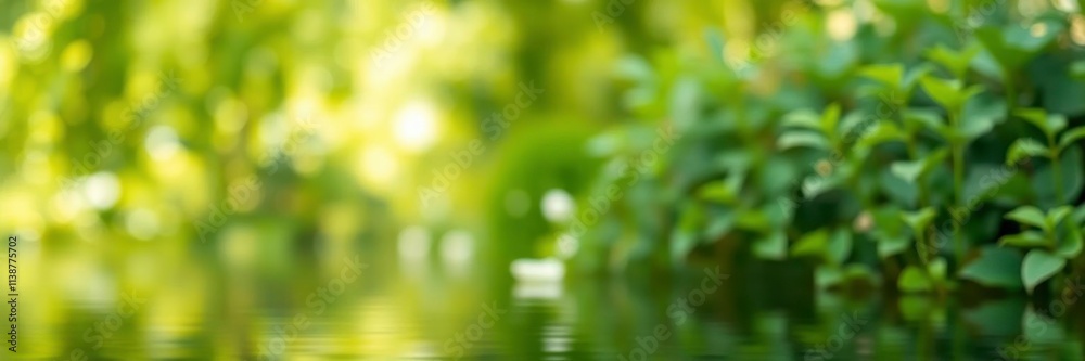Blurred image of water surface and lush green plants in nature, water, plants Blurred image of water surface and lush green plants in nature, water, plants
