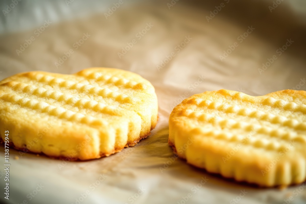 Two cookies with a heart shape on top of a piece of paper. The cookies are golden brown and appear to be freshly baked. The paper is brown and has a slightly crinkled texture Two cookies with a heart shape on top of a piece of paper. The cookies are golden brown and appear to be freshly baked. The paper is brown and has a slightly crinkled texture
