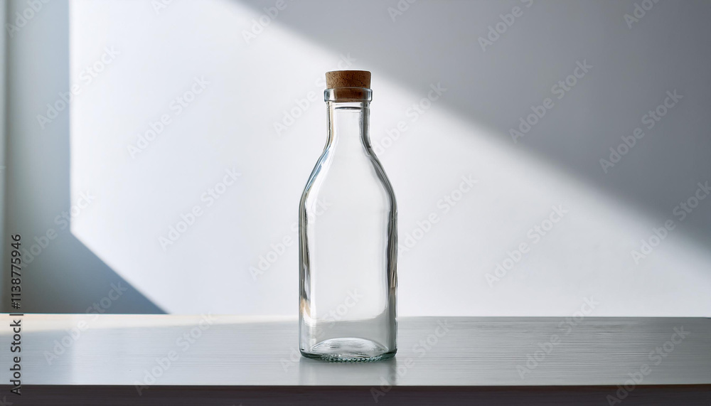 Clear empty glass bottle against minimalist white wall on background. Container for liquid. Mock-up
