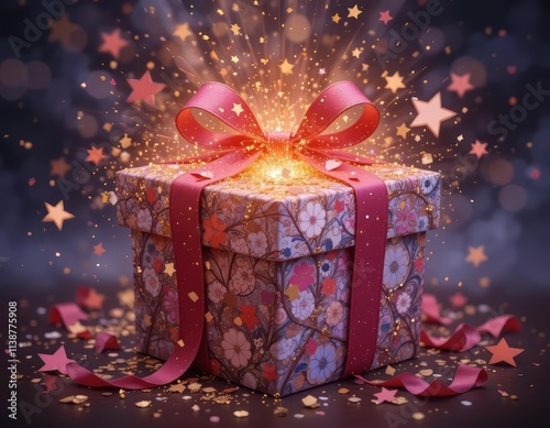 Magical Gift Box with Sparkling Surprise and Red Ribbon