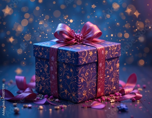 Beautiful Floral Gift Box with Red Ribbon and Sparkling Glow