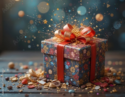 Glowing Surprise Gift Box with Golden Sparks and Stars