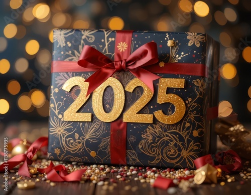 Elegant 2025 New Year Gift Box with Golden Decorations