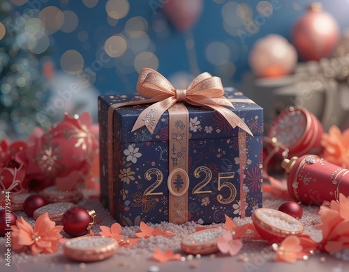 Happy New Year 2025 Gift Box with Festive Red Ribbon