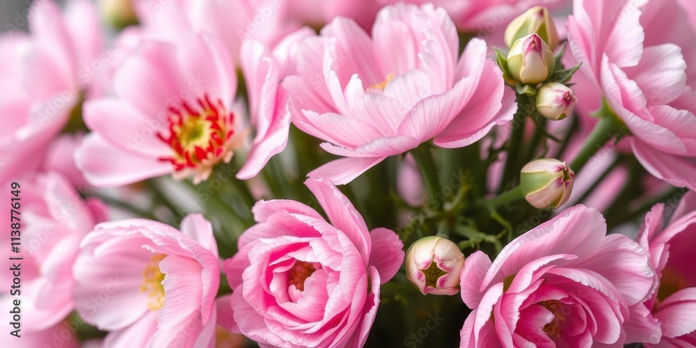 Close-up of beautiful pink and white ranunculus flowers in full bloom, spring, ranunculus, full bloom Close-up of beautiful pink and white ranunculus flowers in full bloom, spring, ranunculus, full bloom