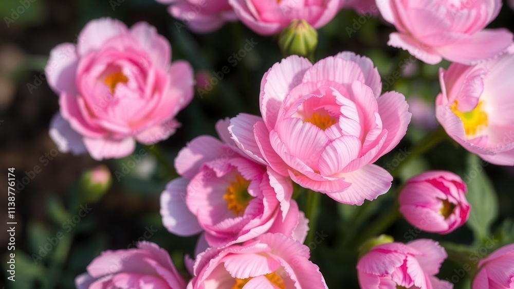 Close-up of delicate pink and white ranunculus flowers blooming beautifully in a garden, bloom, petals, pink Close-up of delicate pink and white ranunculus flowers blooming beautifully in a garden, bloom, petals, pink