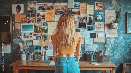 Woman facing wall decorated with photos and mementos.