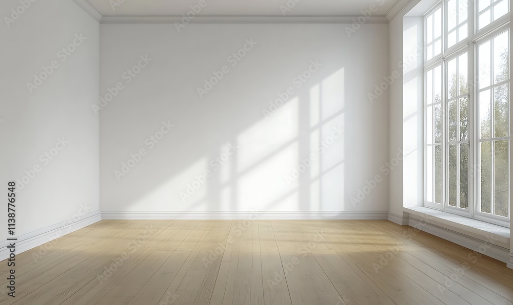 Bright, empty room with a plain white wall and light wood floor, suitable for design presentations or mockups Bright, empty room with a plain white wall and light wood floor, suitable for design presentations or mockups