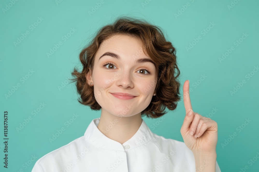 Joyful Young Nurse in White Coat Pointing to Copy Space for Advice and Promotions Against a Teal Background Joyful Young Nurse in White Coat Pointing to Copy Space for Advice and Promotions Against a Teal Background