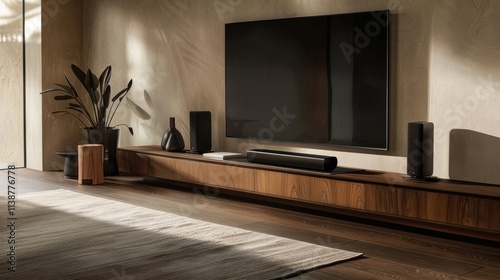 Modern living room with home theater system, TV, and wooden furniture.