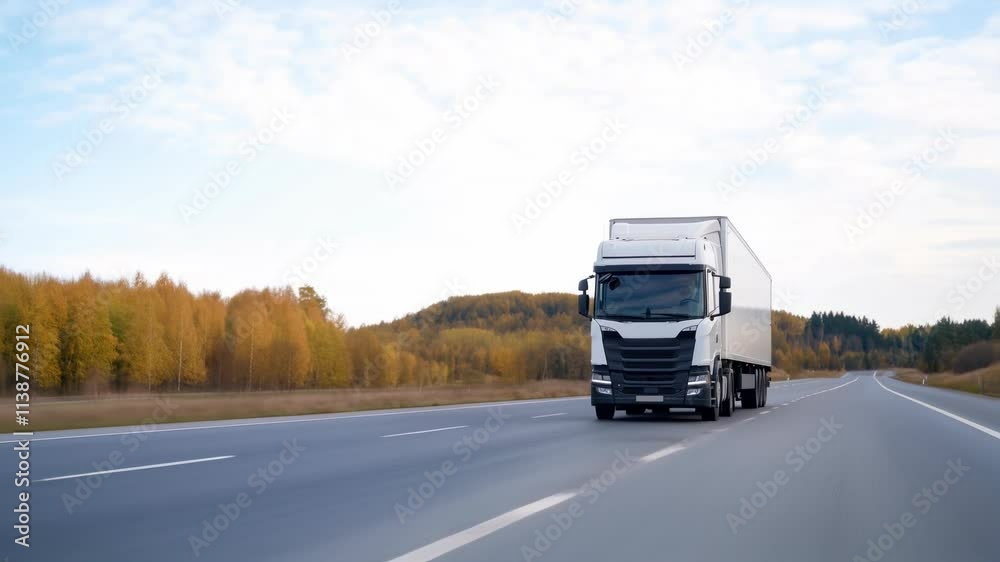 Truck Driving on Open Road in Autumn Landscape Footage Truck Driving on Open Road in Autumn Landscape Footage
