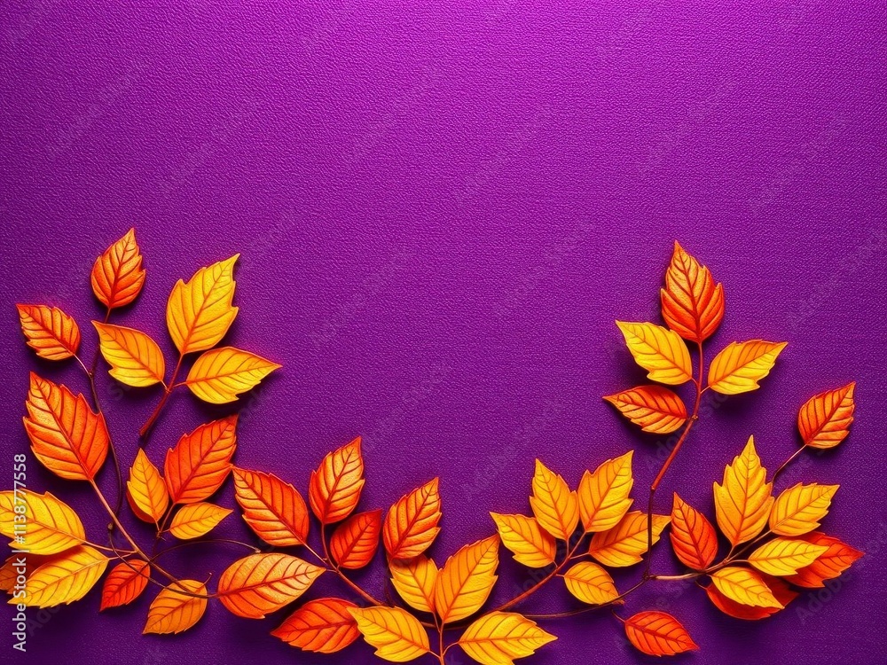 Fototapeta premium Dry orange metallic leaves arranged in a pattern on a deep violet background, design, colorful