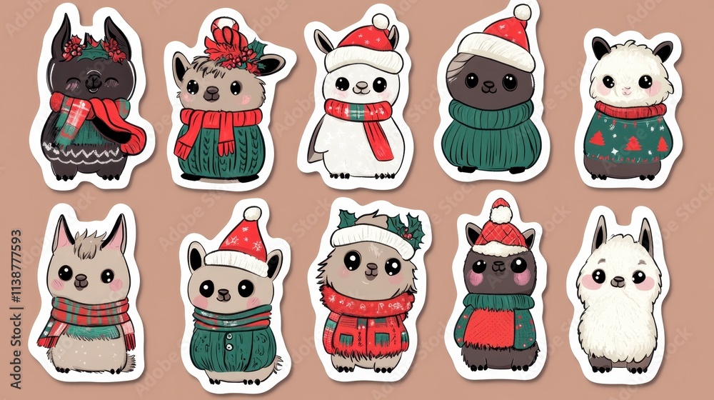 Fototapeta premium Cute Llama Christmas Stickers - Festive Winter Animals