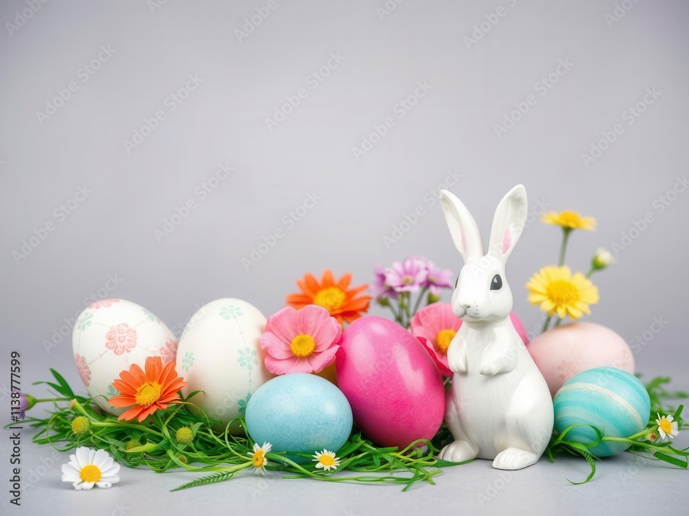 Obraz premium Easter eggs, flowers, and bunny figurines arranged on grey concrete surface, eggs, festive, seasonal