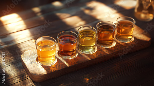 Artistic close exquisite mead tasting flight featuring transparent glass cups vivid golden honey amber hues nestled rustic wooden board, color, texture, drink. Aureate. Illustration