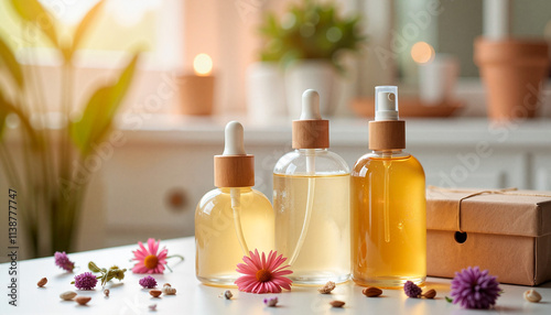 Essential oil bottles with flowers and soft sunlight.