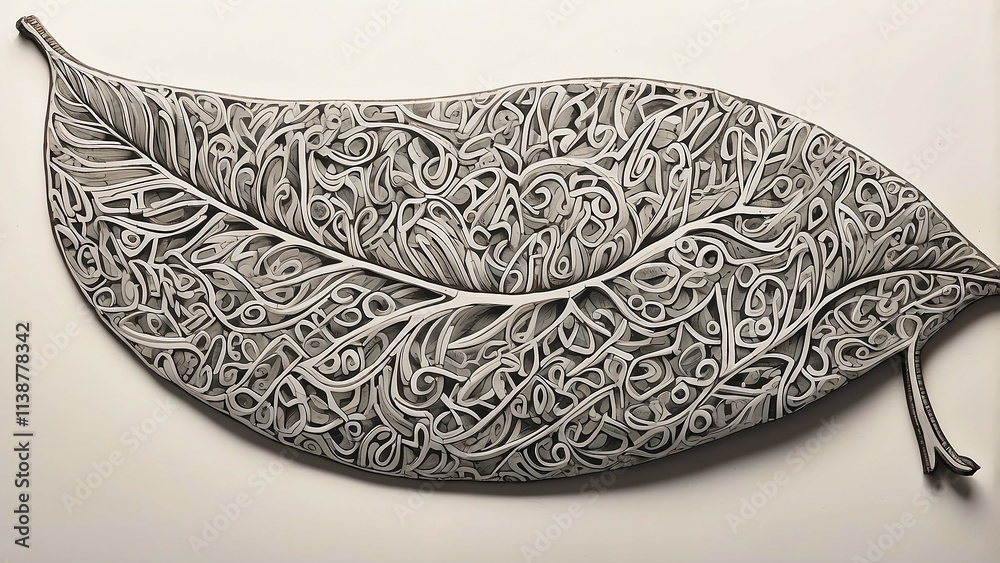 A hand-drawn leaf filled with maze-like patterns for artistic exploration A hand-drawn leaf filled with maze-like patterns for artistic exploration