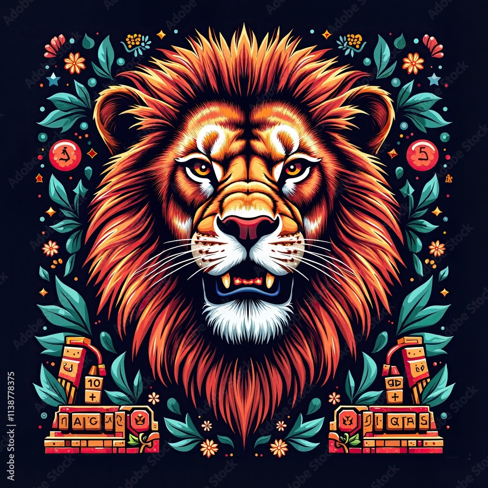 Obraz premium Lion with Psychedelic Tribal Patterns, Bold Wildlife Art Print for T-Shirt