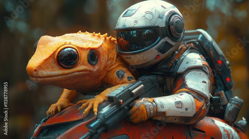 Astronaut and gecko riding futuristic motorbike in jungle. photo