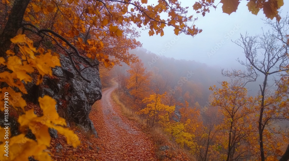 Fototapeta premium Dark autumn forest with rural road in fog at dusk. Fall trees with orange foliage. Landscape with woods, mountain road, colorful leaves, and mist. Travel. Nature background. Magical foggy forest