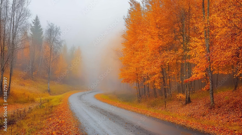 Dark autumn forest with rural road in fog at dusk. Fall trees with orange foliage. Landscape with woods, mountain road, colorful leaves, and mist. Travel. Nature background. Magical foggy forest Dark autumn forest with rural road in fog at dusk. Fall trees with orange foliage. Landscape with woods, mountain road, colorful leaves, and mist. Travel. Nature background. Magical foggy forest
