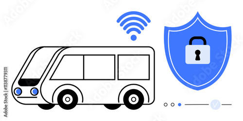 Public bus with wireless signal icon and security shield with padlock. Ideal for transportation, safety, digital security, public transit, technology, smart cities, cybersecurity. Line metaphor photo