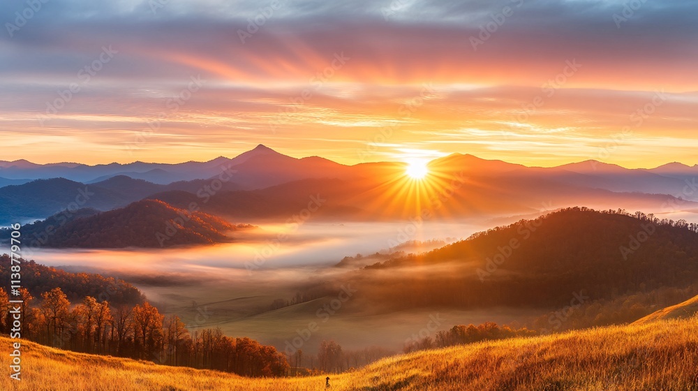Obraz premium Breathtaking Sunrise Over a Mountain Range Illuminating Misty Valleys Below