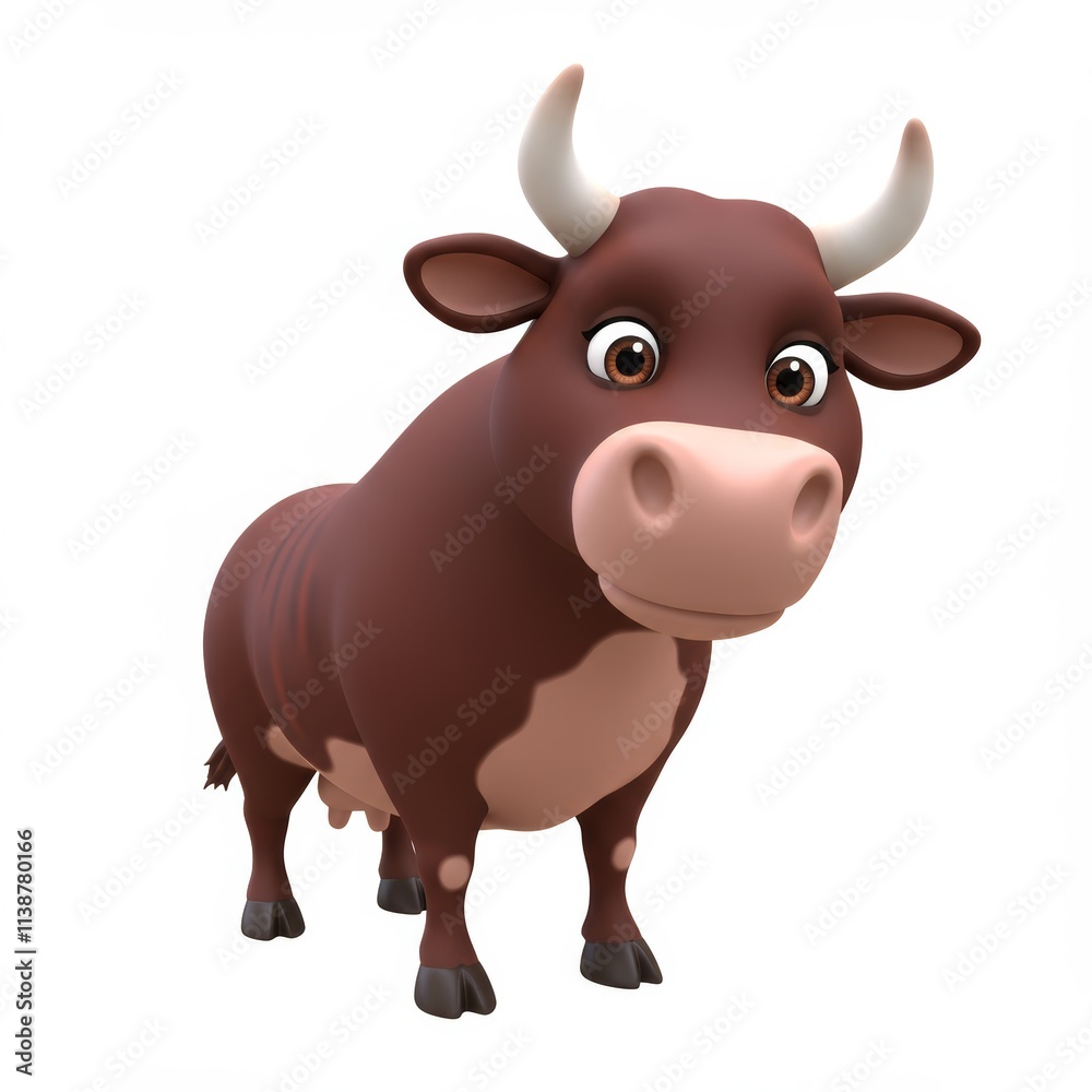 Fototapeta premium The image is a 3D rendering of a cute bull on a white background