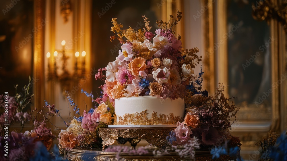Ornate wedding cake adorned with vibrant dried flowers, displayed in a grand palace setting. Ornate wedding cake adorned with vibrant dried flowers, displayed in a grand palace setting.