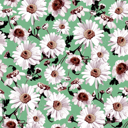 seamless floral pattern, white flowers on mint background 