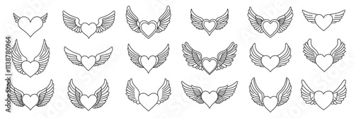 Heart with wings black linear set. Hand drawn decorative elements collection perfect for Valentine's Day designs, tattoos, greeting cards, posters, stickers, and scrapbooking.