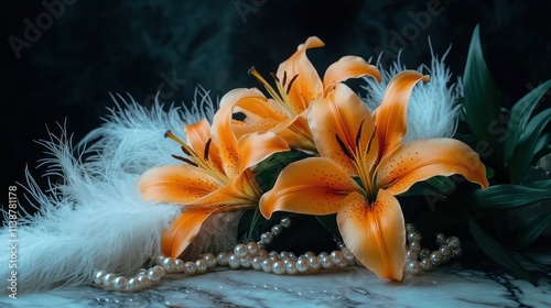 Wallpaper Mural Orange lilies with white feathers and pearls on marble. Torontodigital.ca