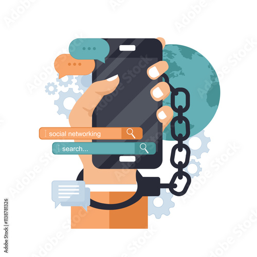 Modern phone internet and social networks addiction metaphor. Flat style vector concept. Internet addiction, nomophobia and digital detox
