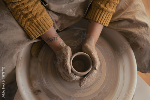 Hands of woman working with pottery wheel. Top view