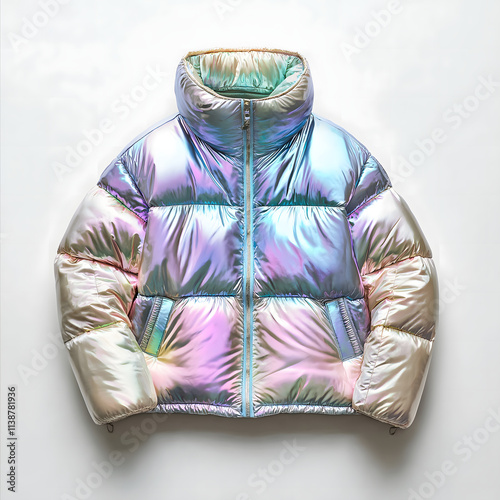 A Holographic Puffer Jacket in Y2K Style Positioned on a Clean Background