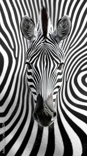   Zebra head close-up on black and white pattern against black and white background