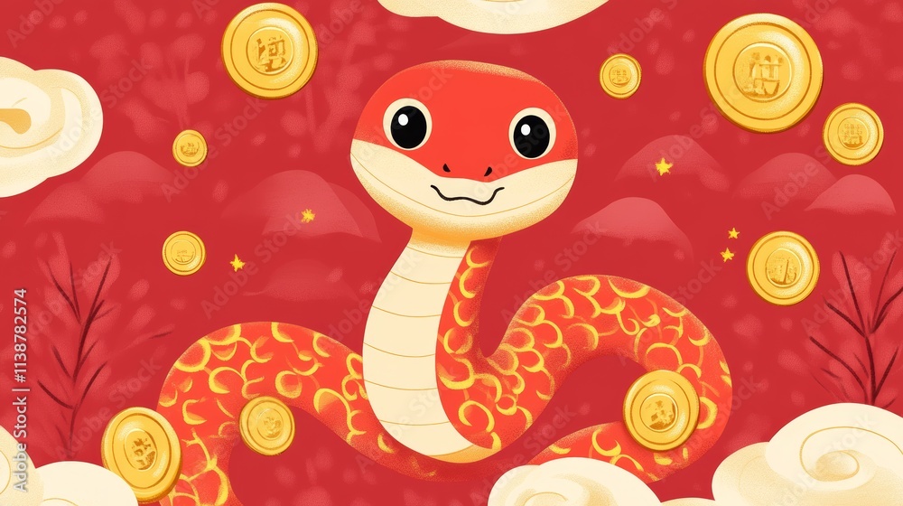 Fototapeta premium Happy Chinese new year 2025 greeting card with cute snake and gold money. Animal zodiac cartoon character. Translate: Happy new year, snake. -Vector