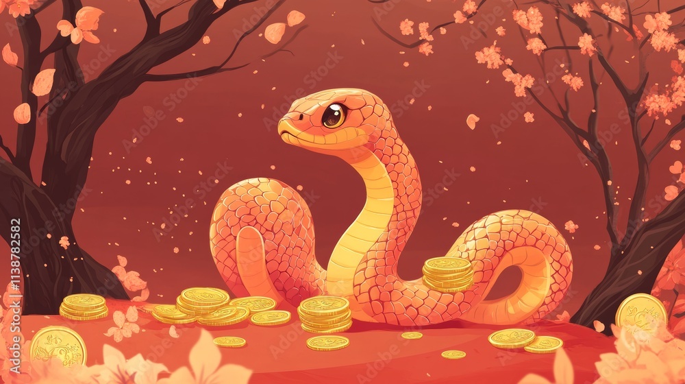 Obraz premium Happy Chinese new year 2025 greeting card with cute snake and gold money. Animal zodiac cartoon character. Translate: Happy new year, snake. -Vector