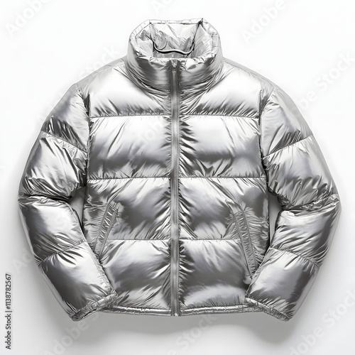 Obraz na płótnie A Metallic Silver Puffer Jacket Displayed on a White Background w salonie
