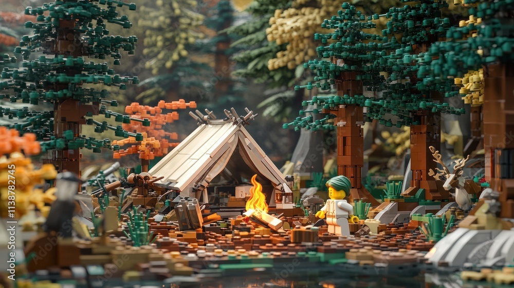 Obraz premium Toy tent camp fire woods nature.