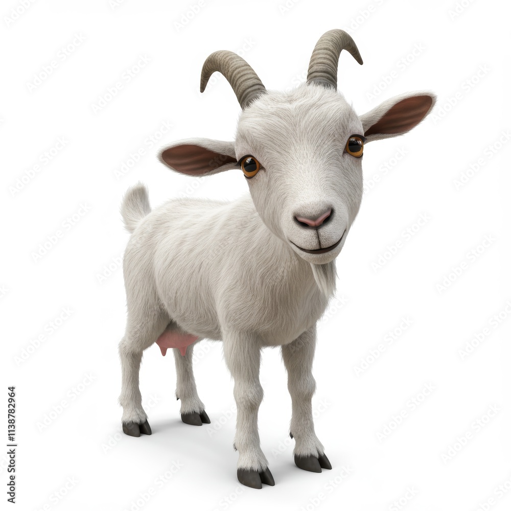 Fototapeta premium The image is a 3D rendering of a cute goat on a white background
