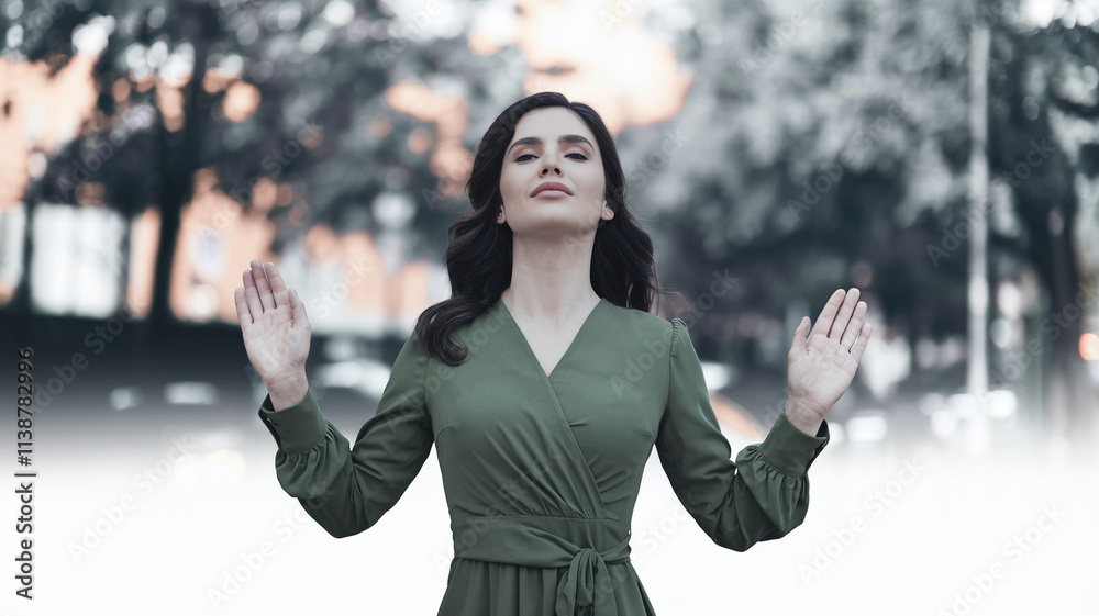 Woman in Green Dress, Peaceful Pose, Open Hands Woman in Green Dress, Peaceful Pose, Open Hands