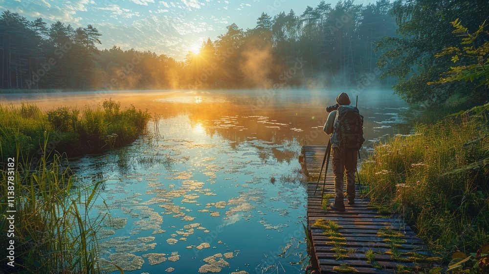 A photographer captures a serene sunrise over a misty lake surrounded by trees. A photographer captures a serene sunrise over a misty lake surrounded by trees.