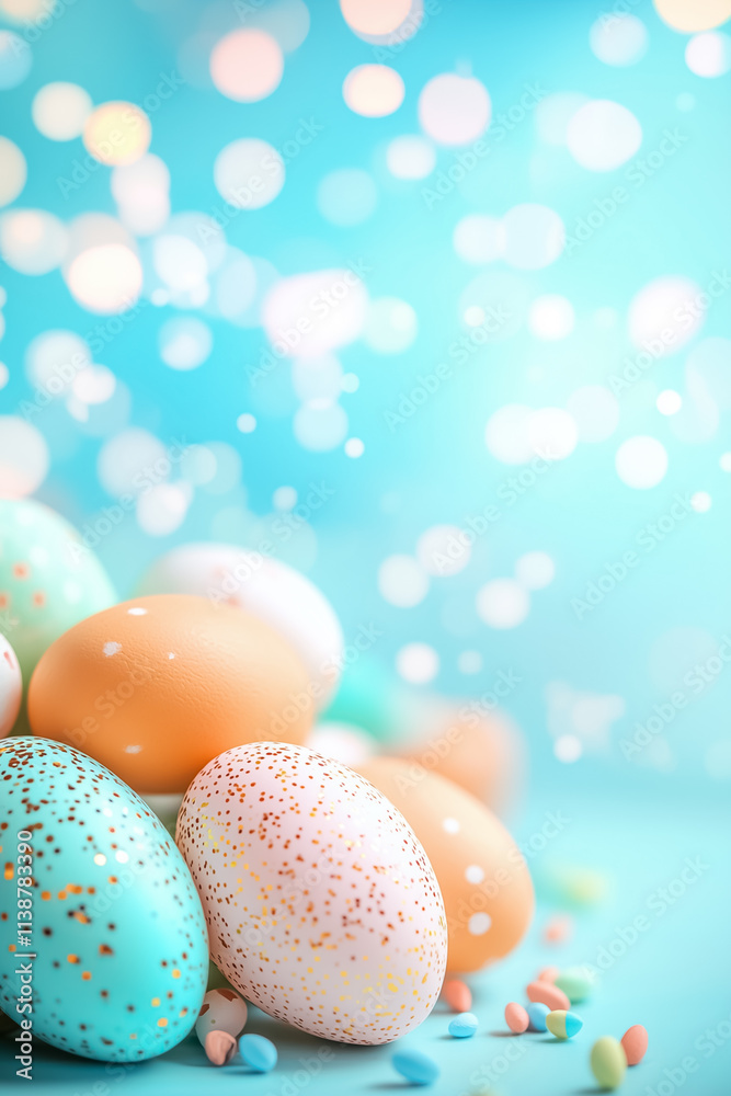 Delicate, speckled eggs in soft pastel hues lay scattered on a bright backdrop, evoking the joy of spring celebrations Delicate, speckled eggs in soft pastel hues lay scattered on a bright backdrop, evoking the joy of spring celebrations